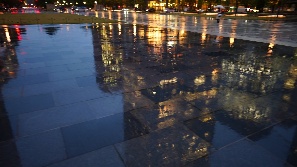 東京駅前の水面反射✨:黄金の雨に唄えば